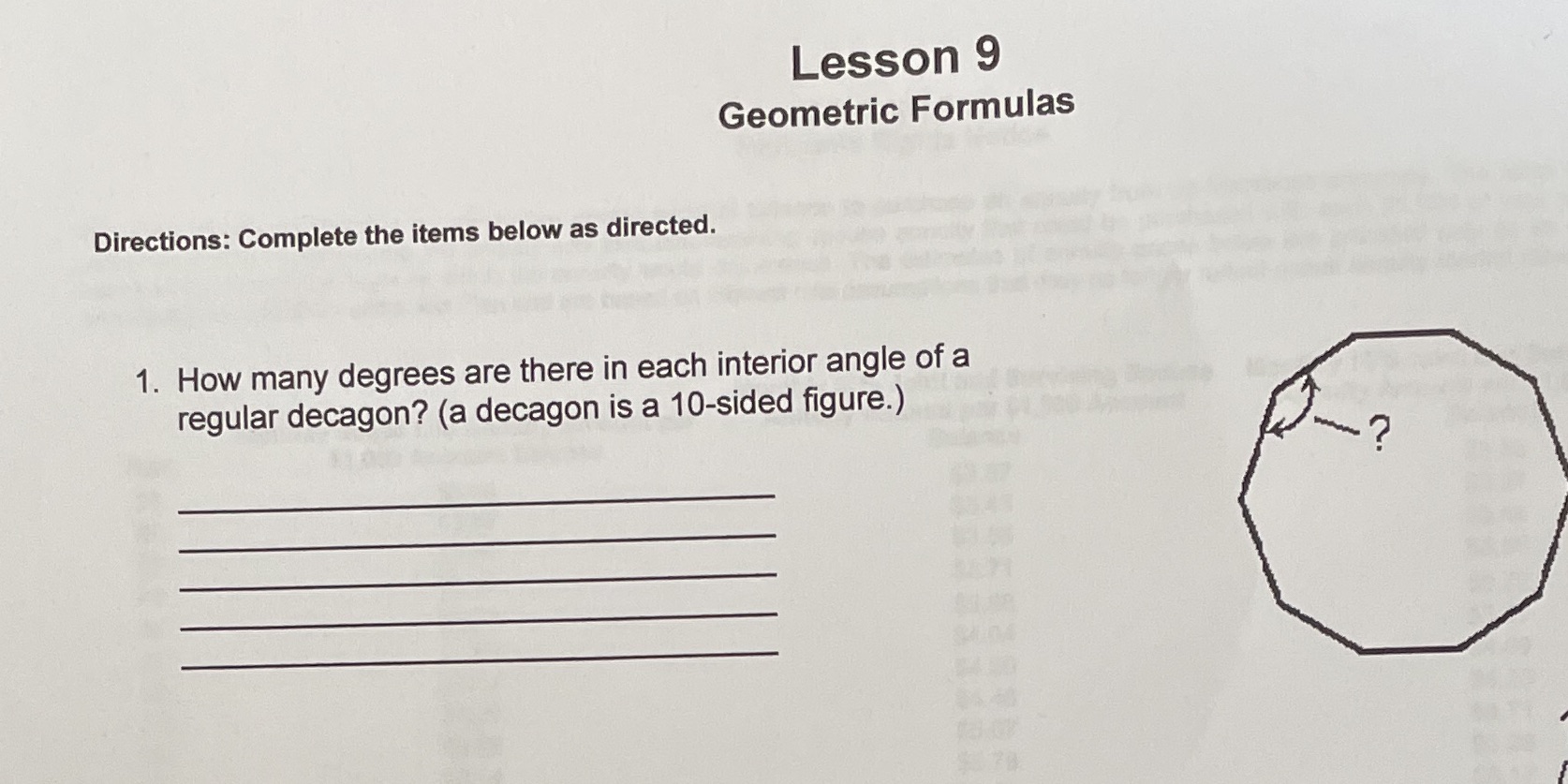 Lesson 9 Geometric Formulas Directions: Complete