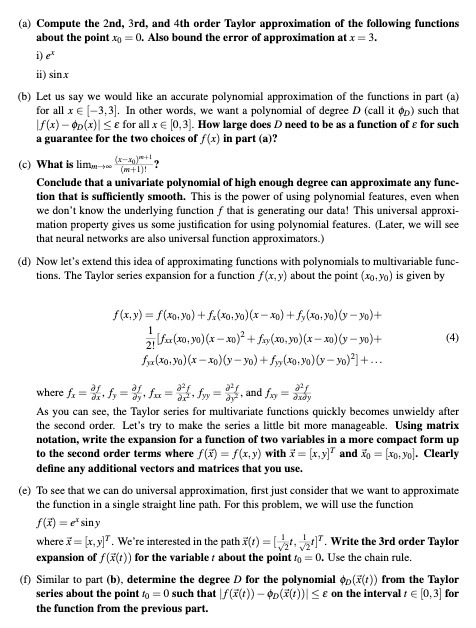 (a) Compute the 2nd, 3rd, and 4th order Taylor