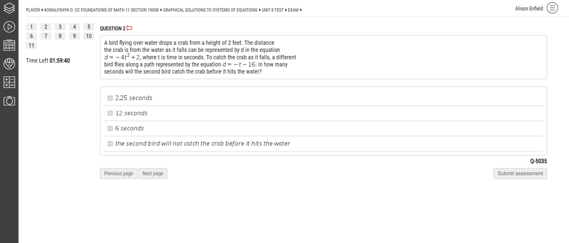 PLAYER KOWALYSHYN O. CC FOUNDATIONS OF MATH 11
