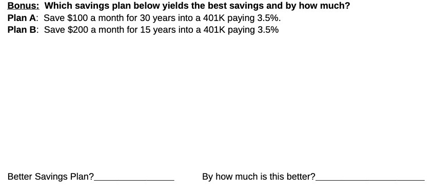 Bonus; Which savings plan below yields the best