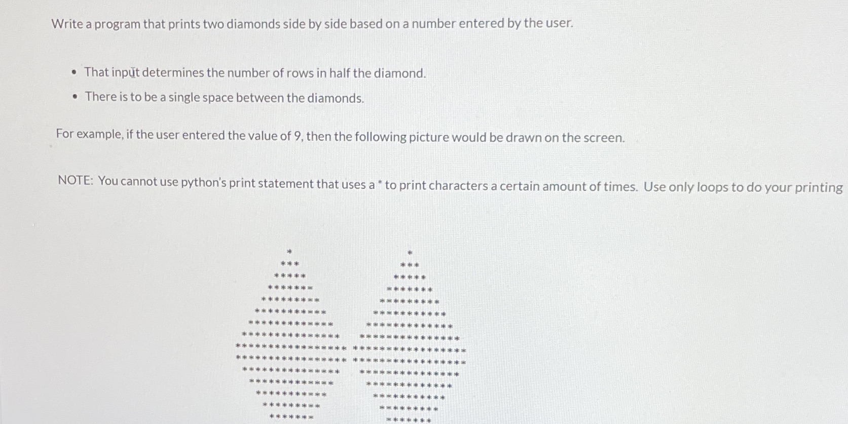 Write a program that prints two diamonds side by