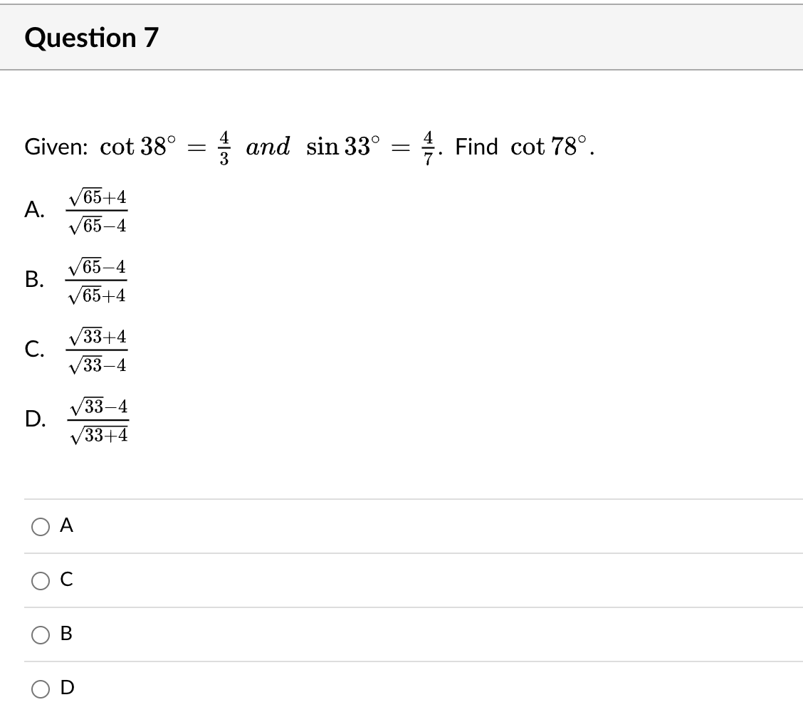 \fQuestion 2 Given: a = 9, b =8, c =7. Find the