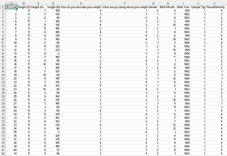 K H F G E ID Code Height (ft) Height (in) Weight