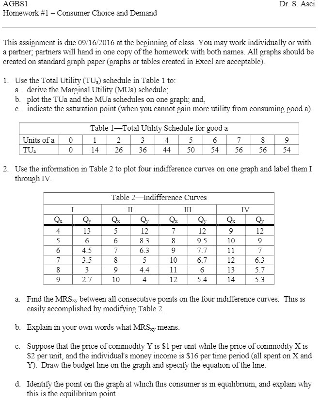 AGBS1 Dr. S. Asci Homework #1 - Consumer Choice