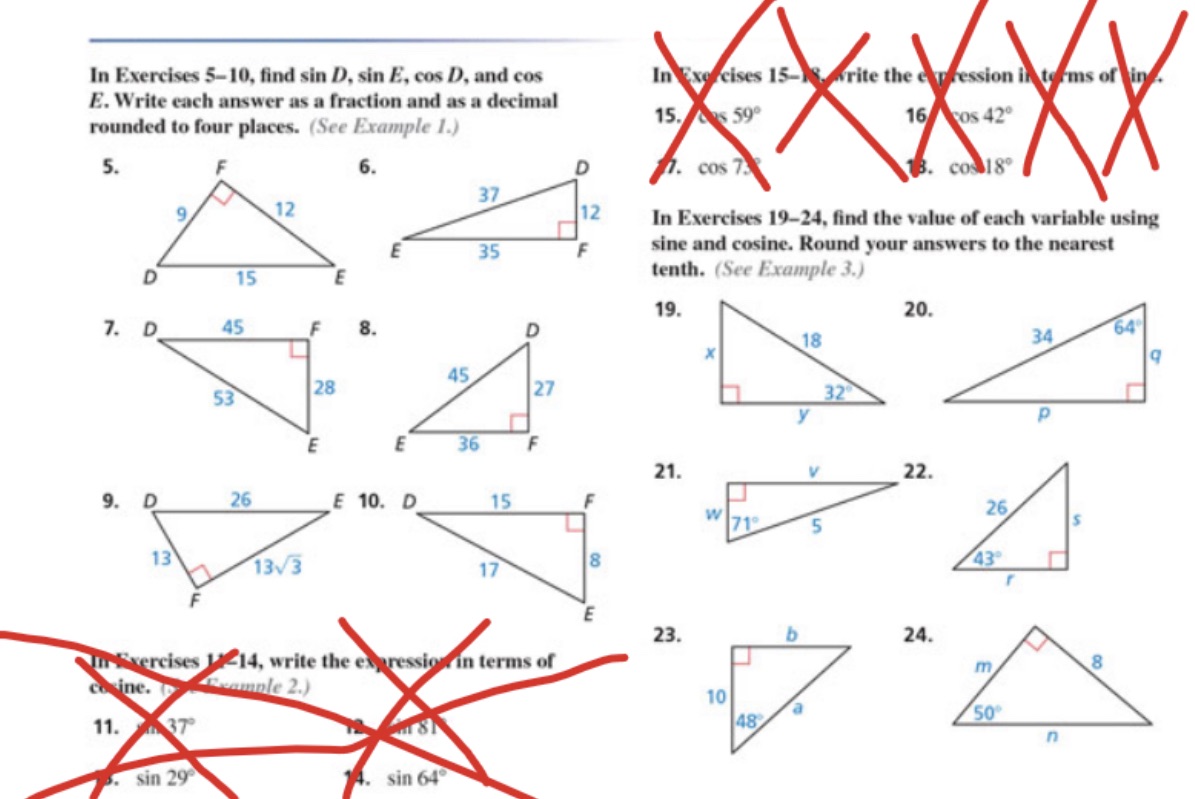 In Exercises 5-10, find sin D, sin E, cos D, and