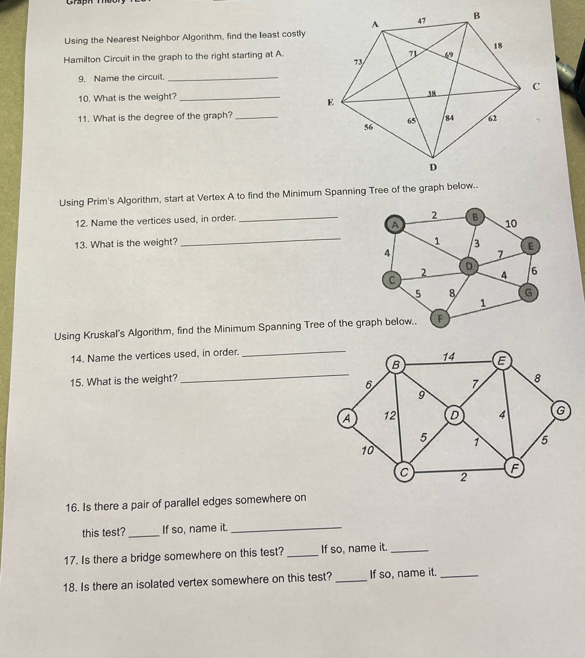 47 B Using the Nearest Neighbor Algorithm, find