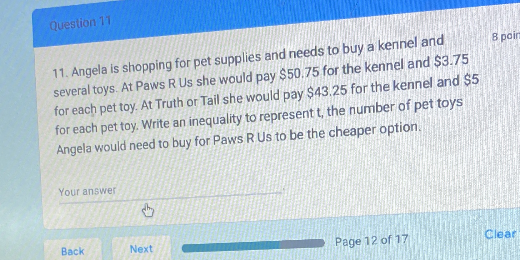 Question 11 11. Angela is shopping for pet