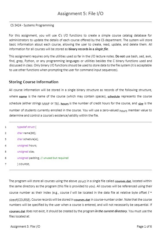 Assignment 5: File I/O CS 3424 - Systems