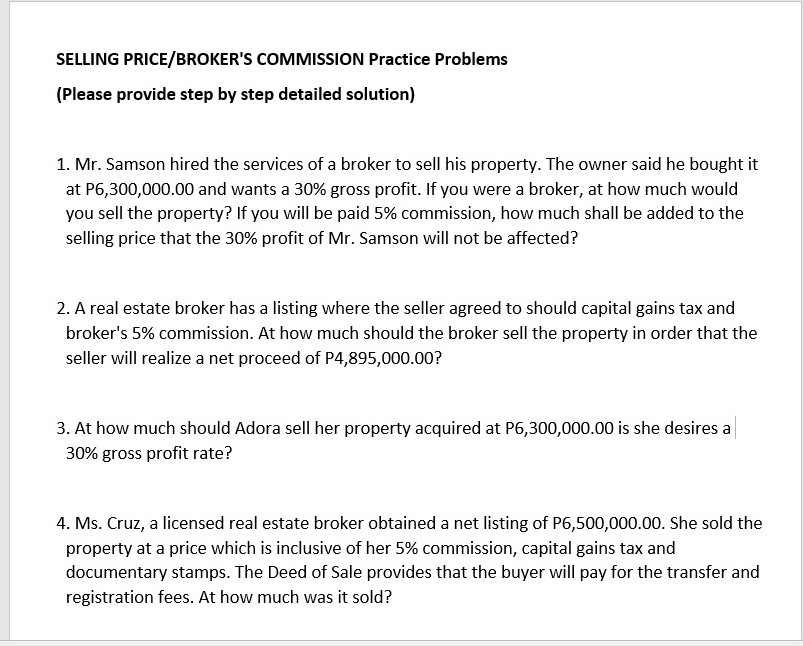 SELLING PRICEIBROKER'S COMMISSION Practice