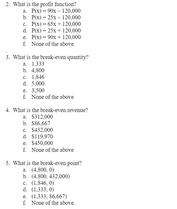 2. What is the profit function? a. P(x) = 90x -