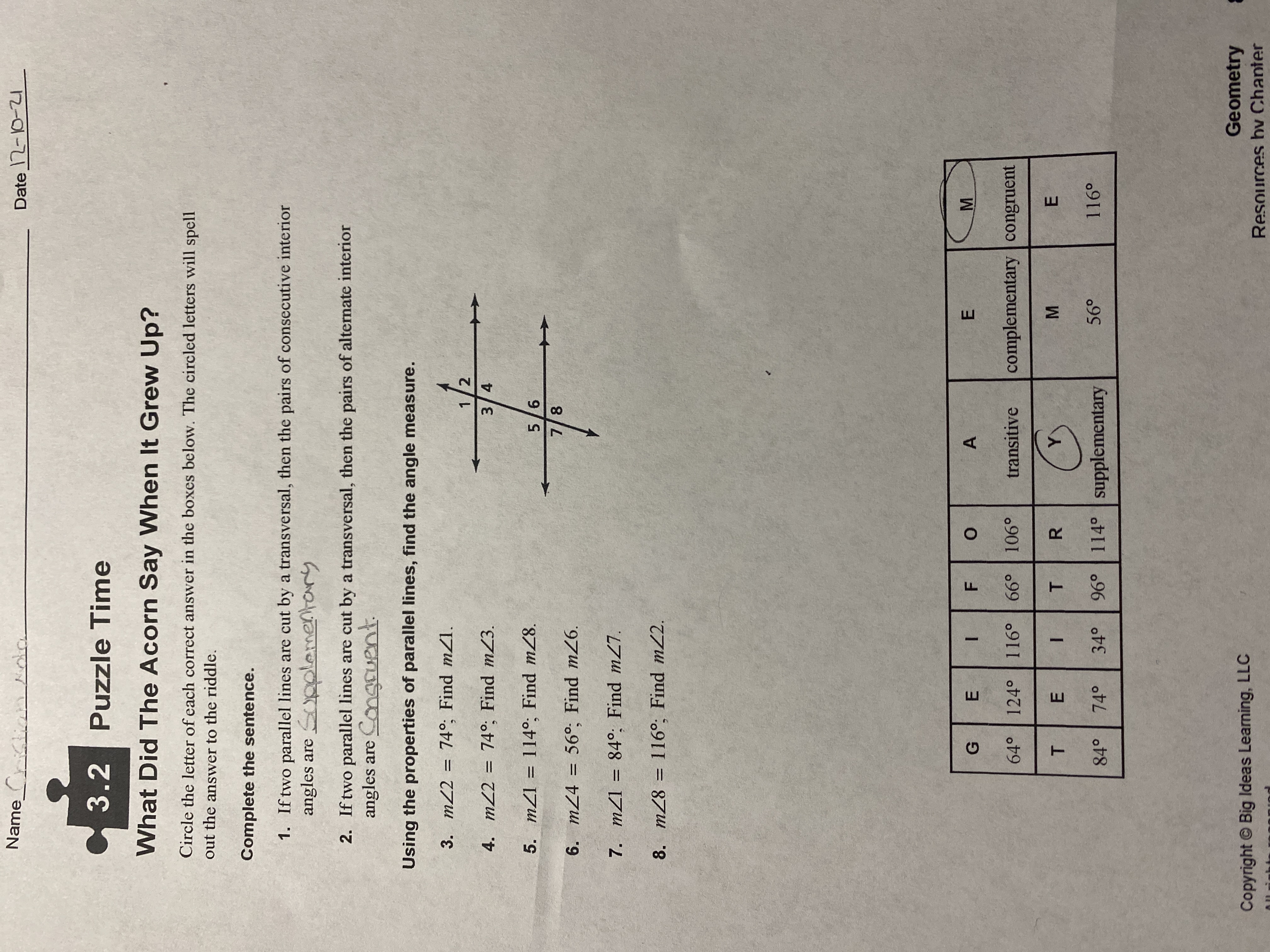 Date 12-10-21 3.2 Puzzle Time What Did The Acorn
