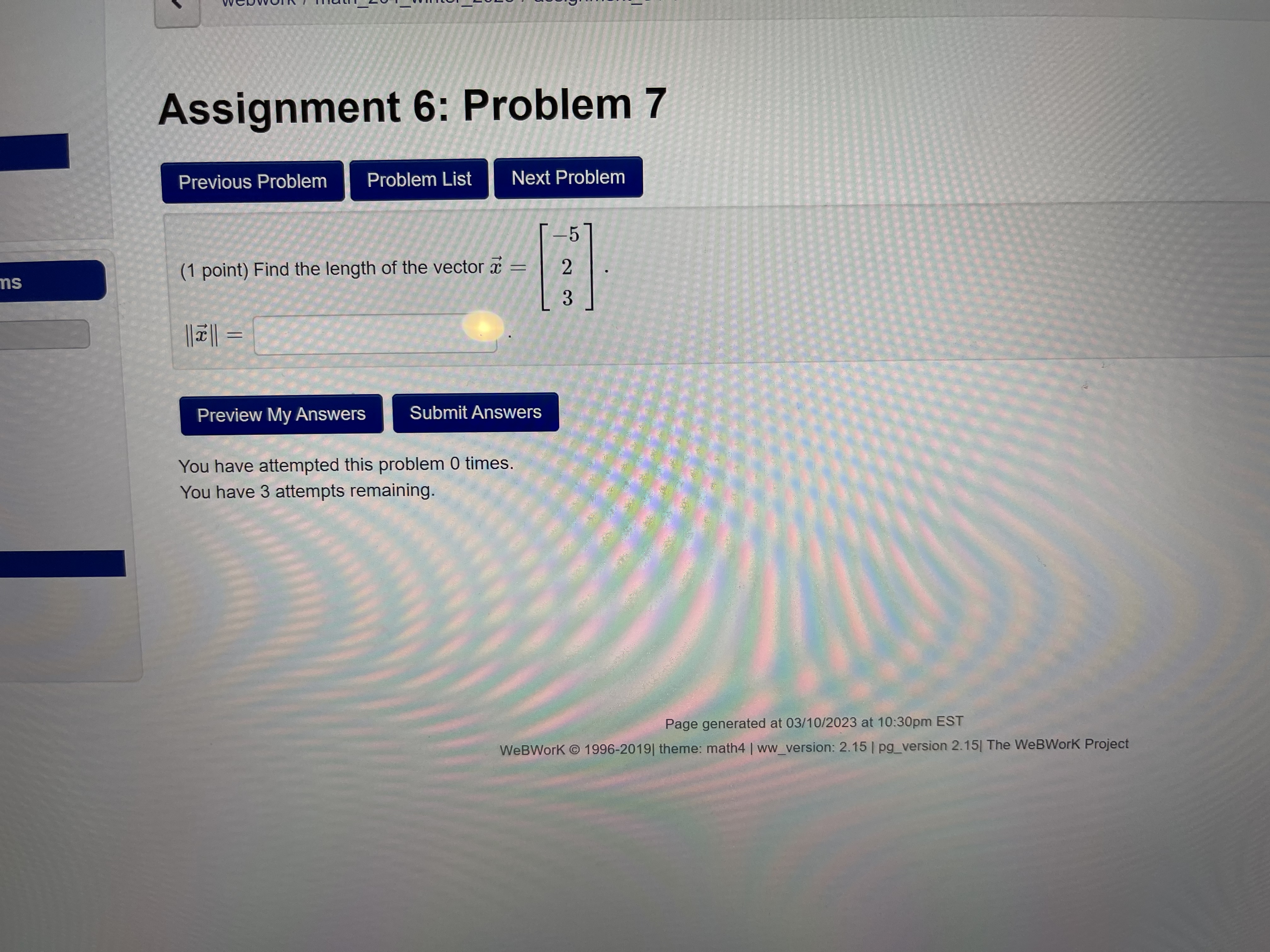 Assignment 6: Problem 7 Previous Problem Problem