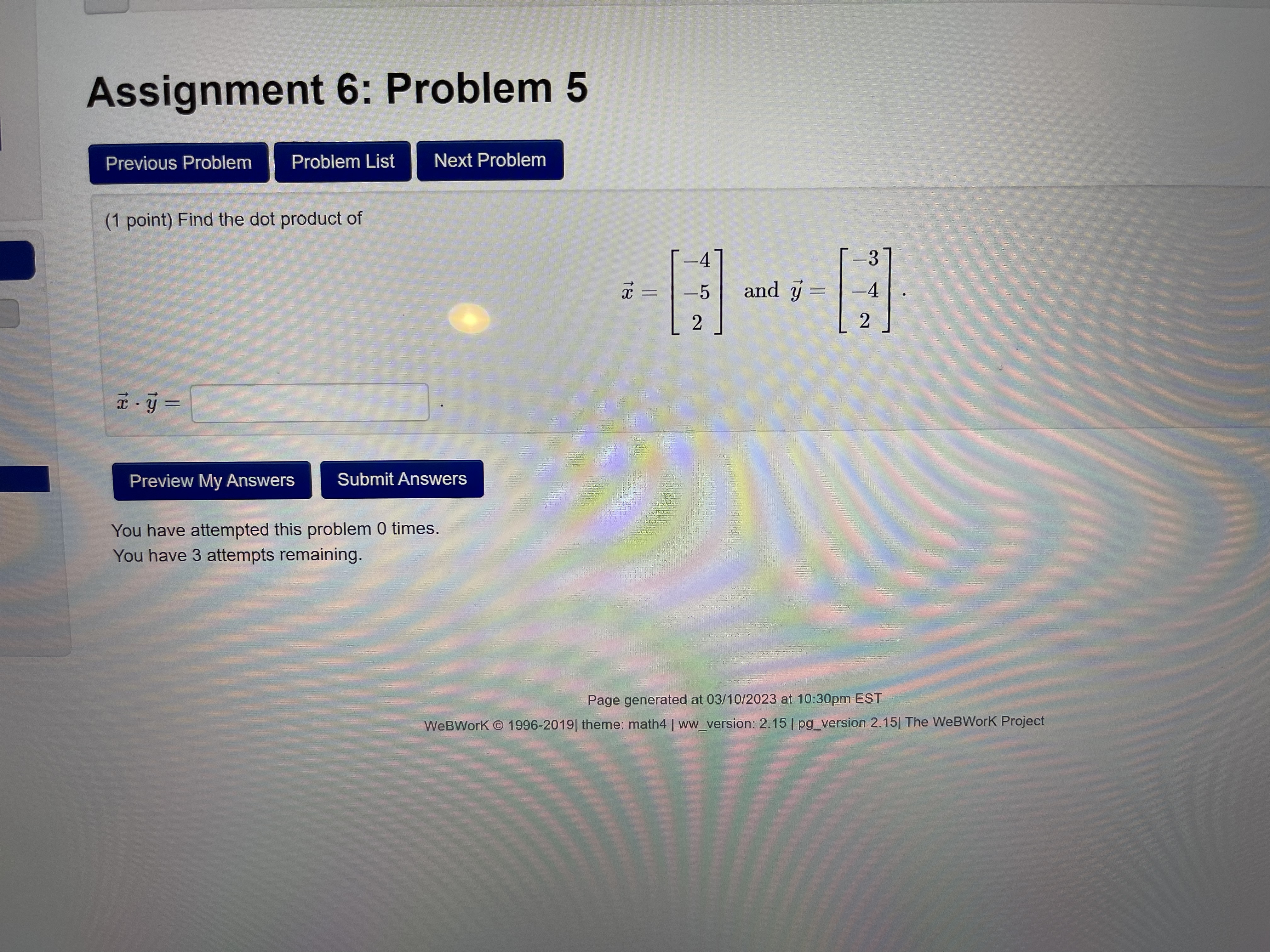 Assignment 6: Problem 7 Previous Problem Problem