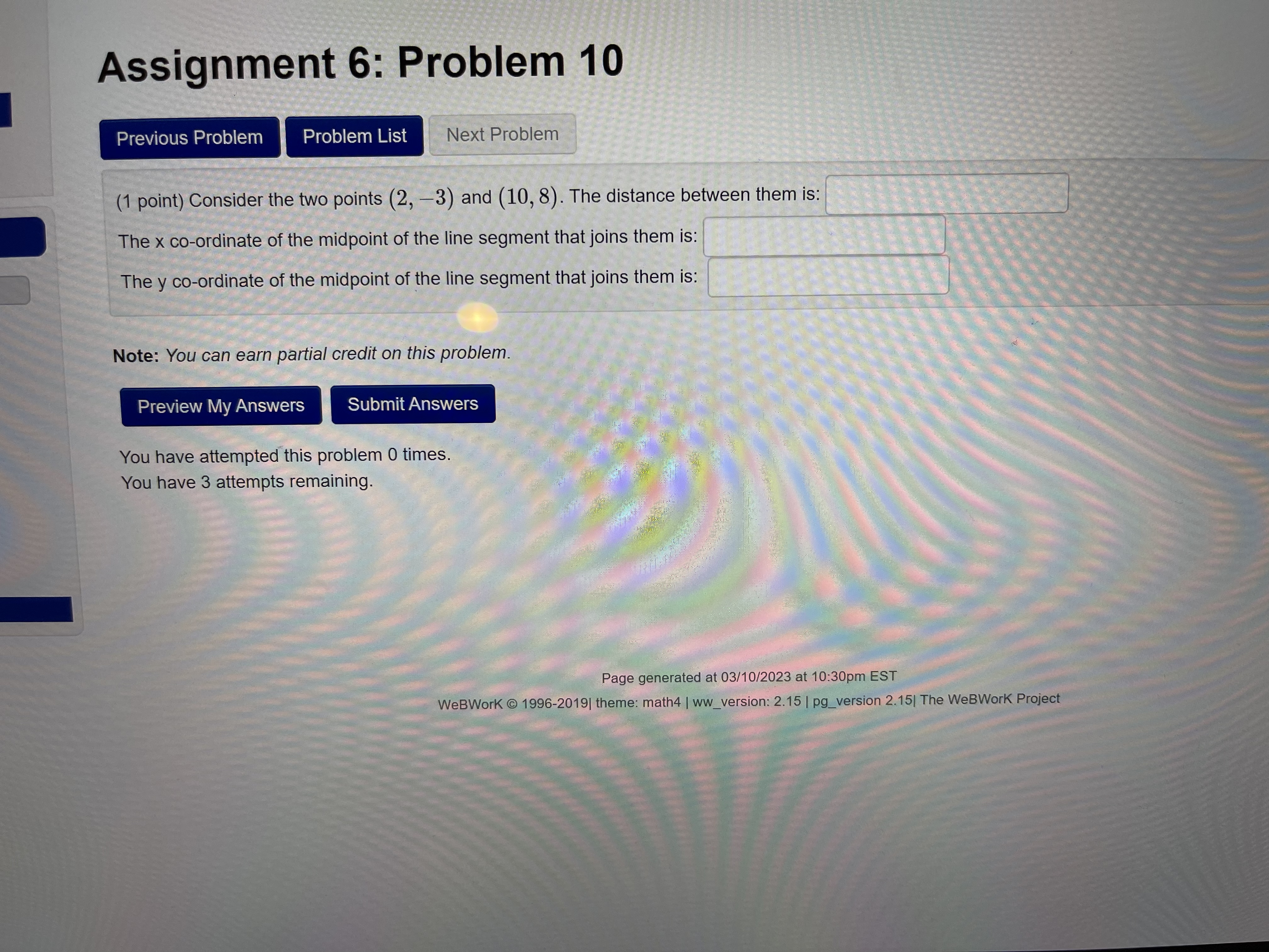 Assignment 6: Problem 7 Previous Problem Problem