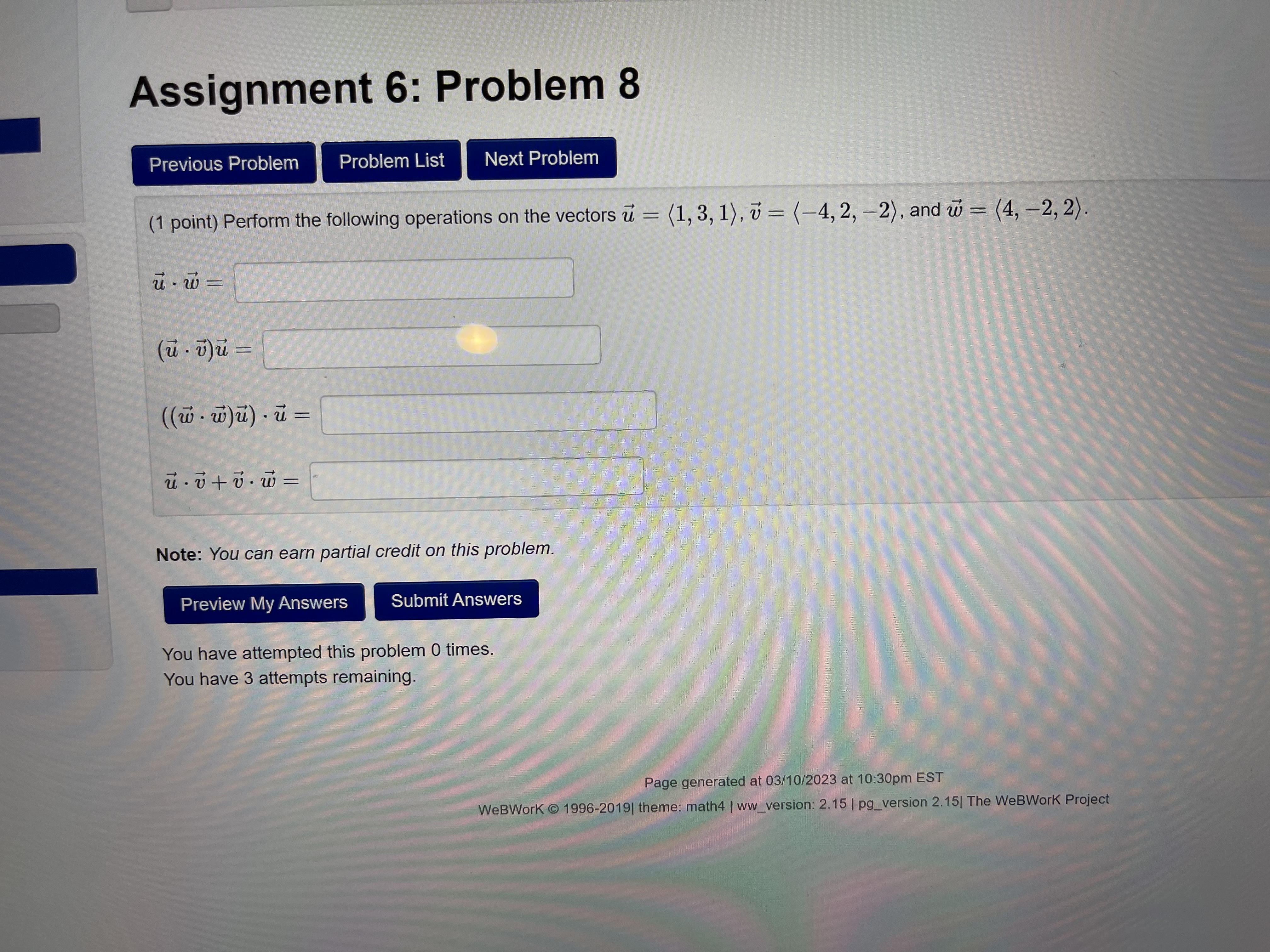 Assignment 6: Problem 7 Previous Problem Problem