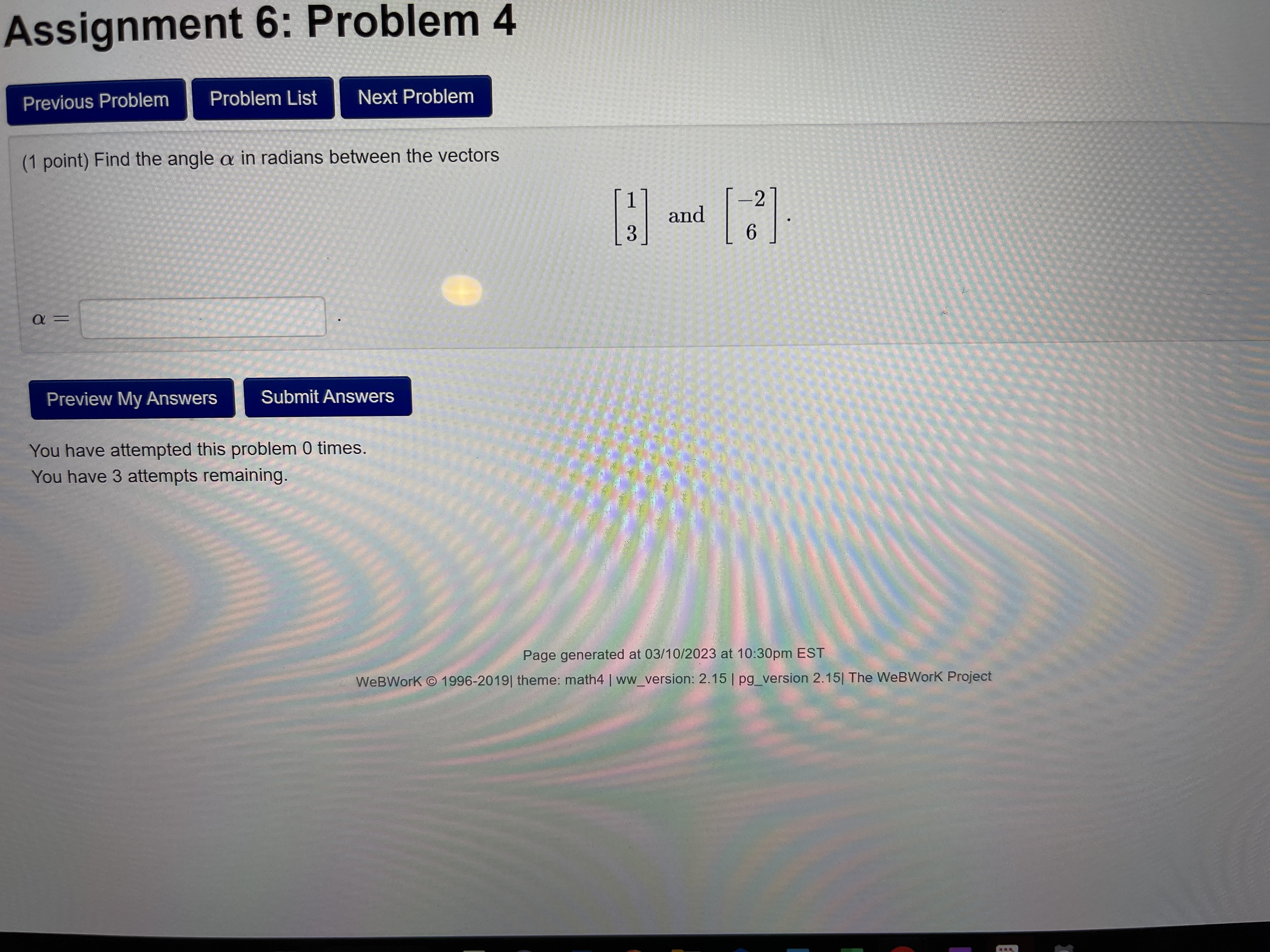 Assignment 6: Problem 7 Previous Problem Problem