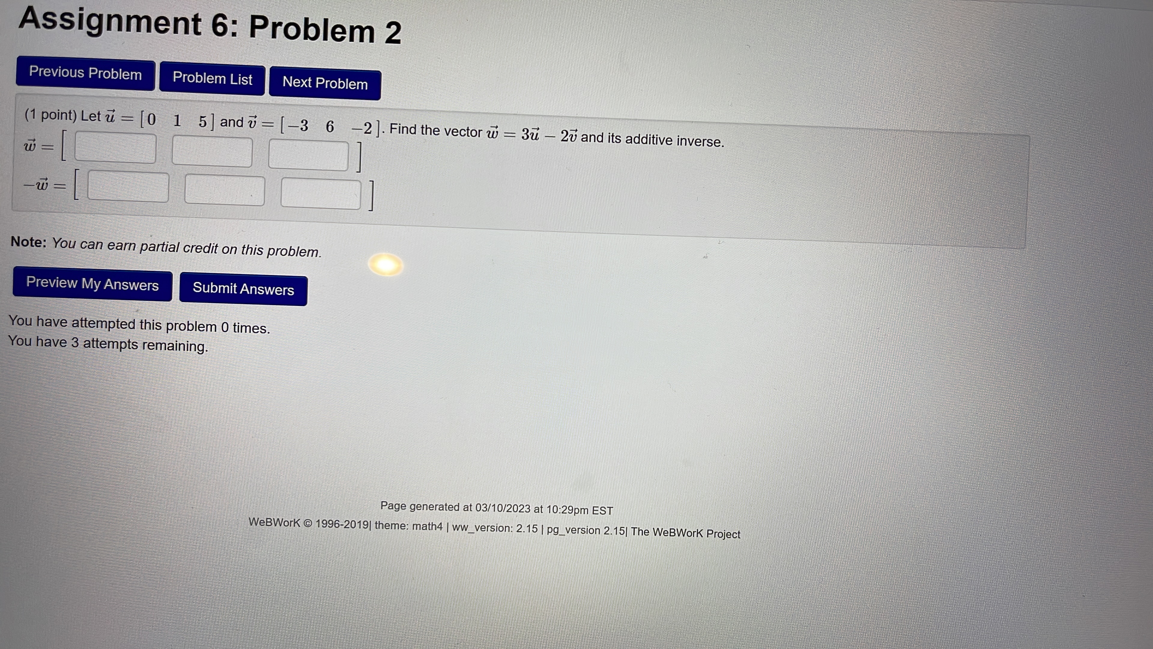 Assignment 6: Problem 7 Previous Problem Problem