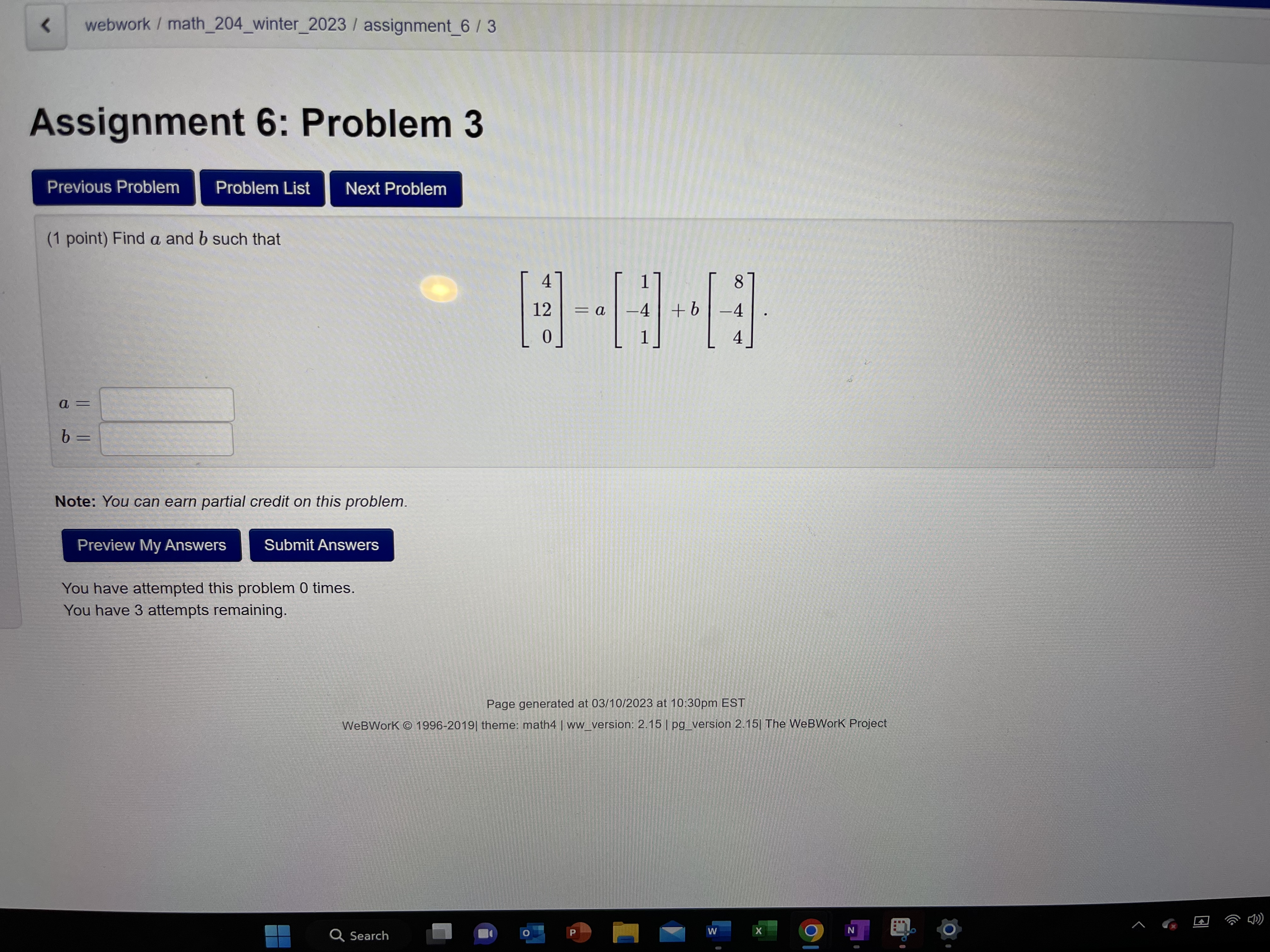 Assignment 6: Problem 7 Previous Problem Problem