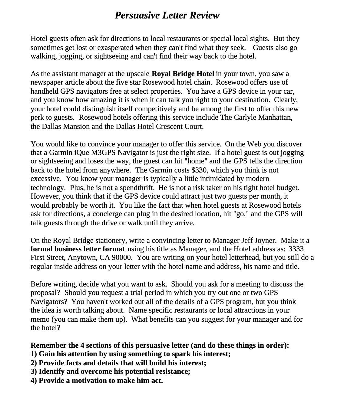 Persuasive Letter Review Hotel guests often ask