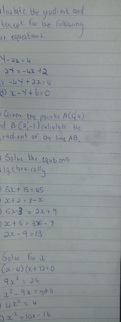 solve for x leulate the gradient and texcept For
