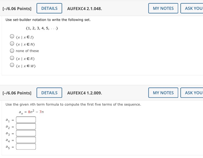 [-/6.06 Points] DETAILS AUFEXC4 2.1.048. MY NOTES