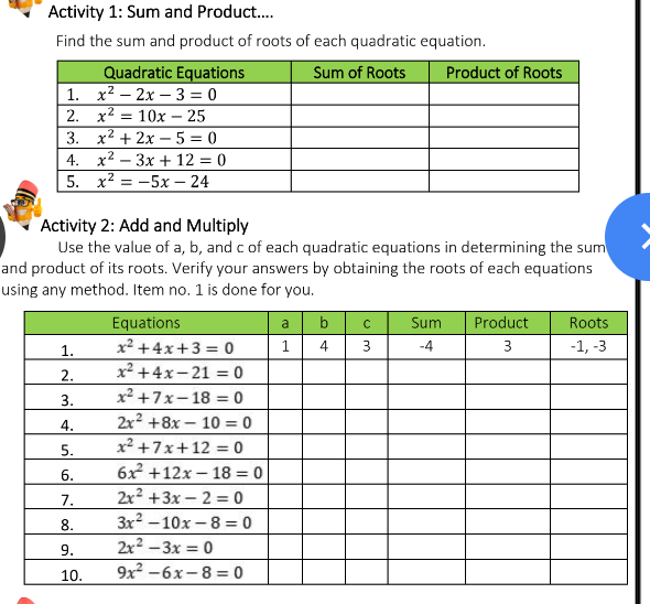 Activity 1: Sum and Product... Find the sum and