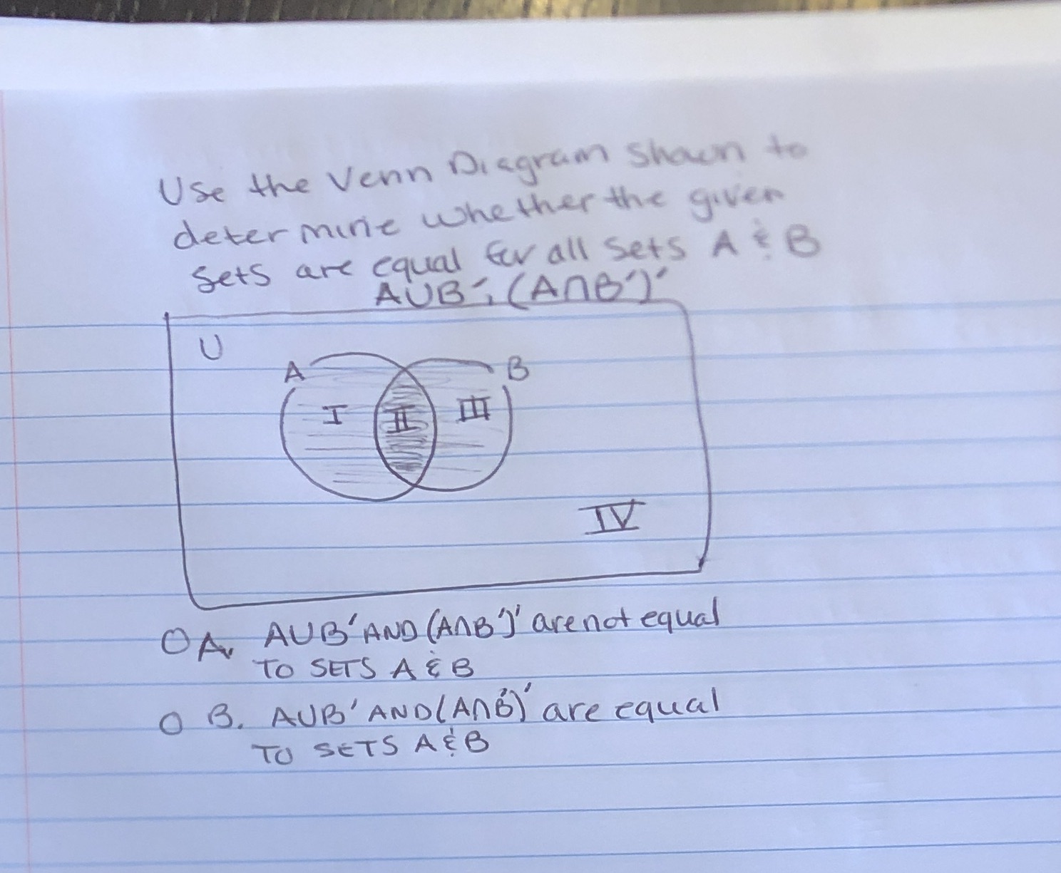 Use the Venn Diagram shawn to determine whether