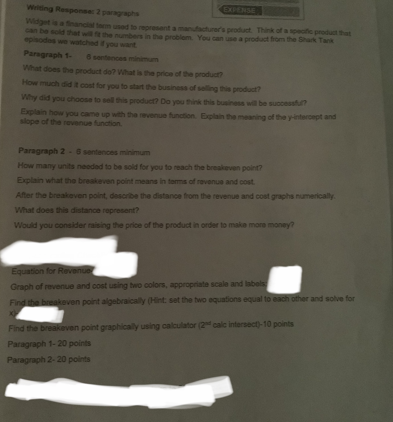 Writing Response: 2 paragraphs EXPENSE Widget is