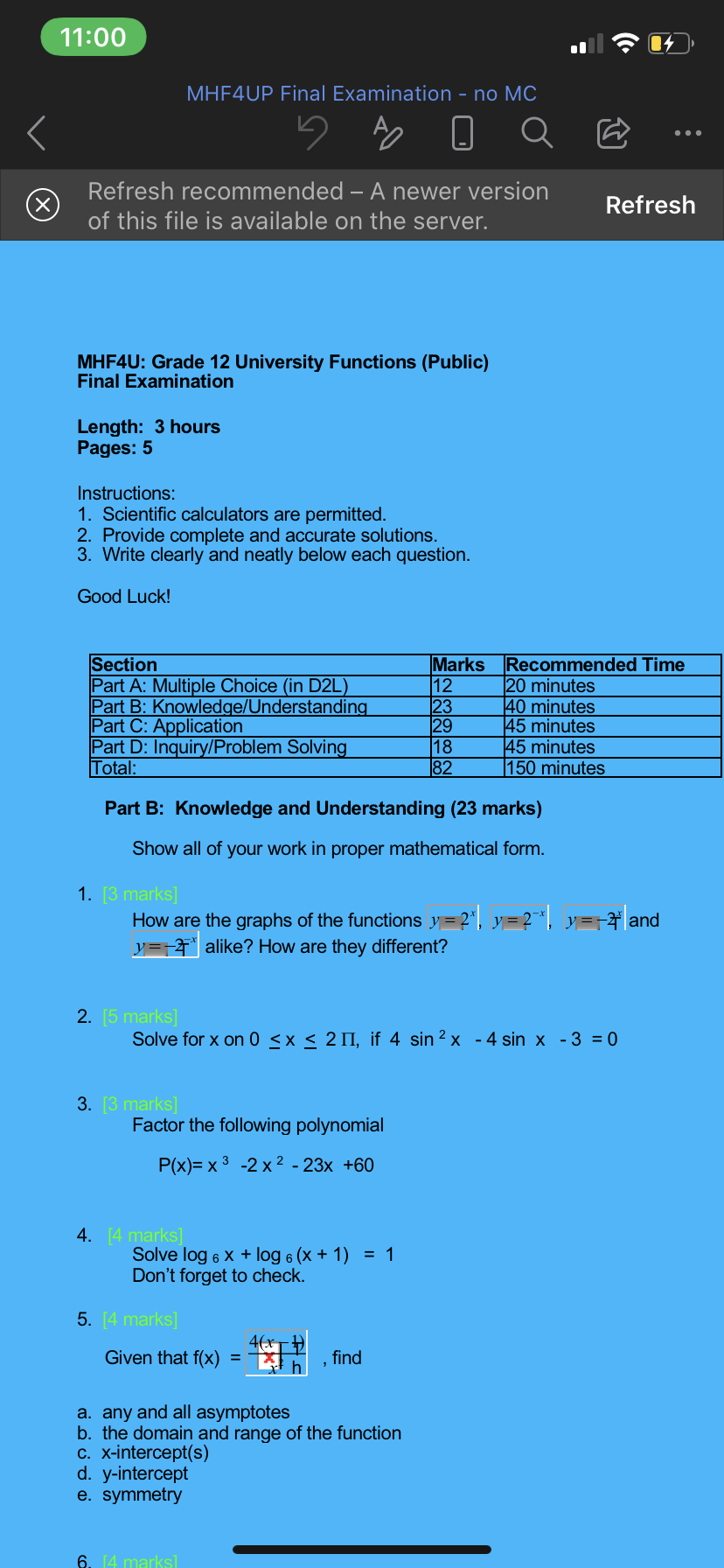 11:00 MHF4UP Final Examination - no MC 1 4 0 Q .
