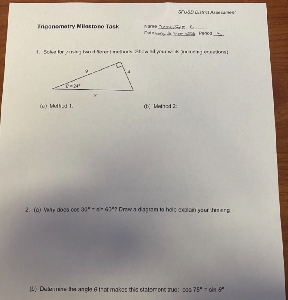 SFUSD District Assessment Trigonometry Milestone