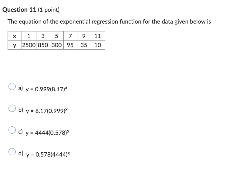 Question 11 (1 point) The equation of the