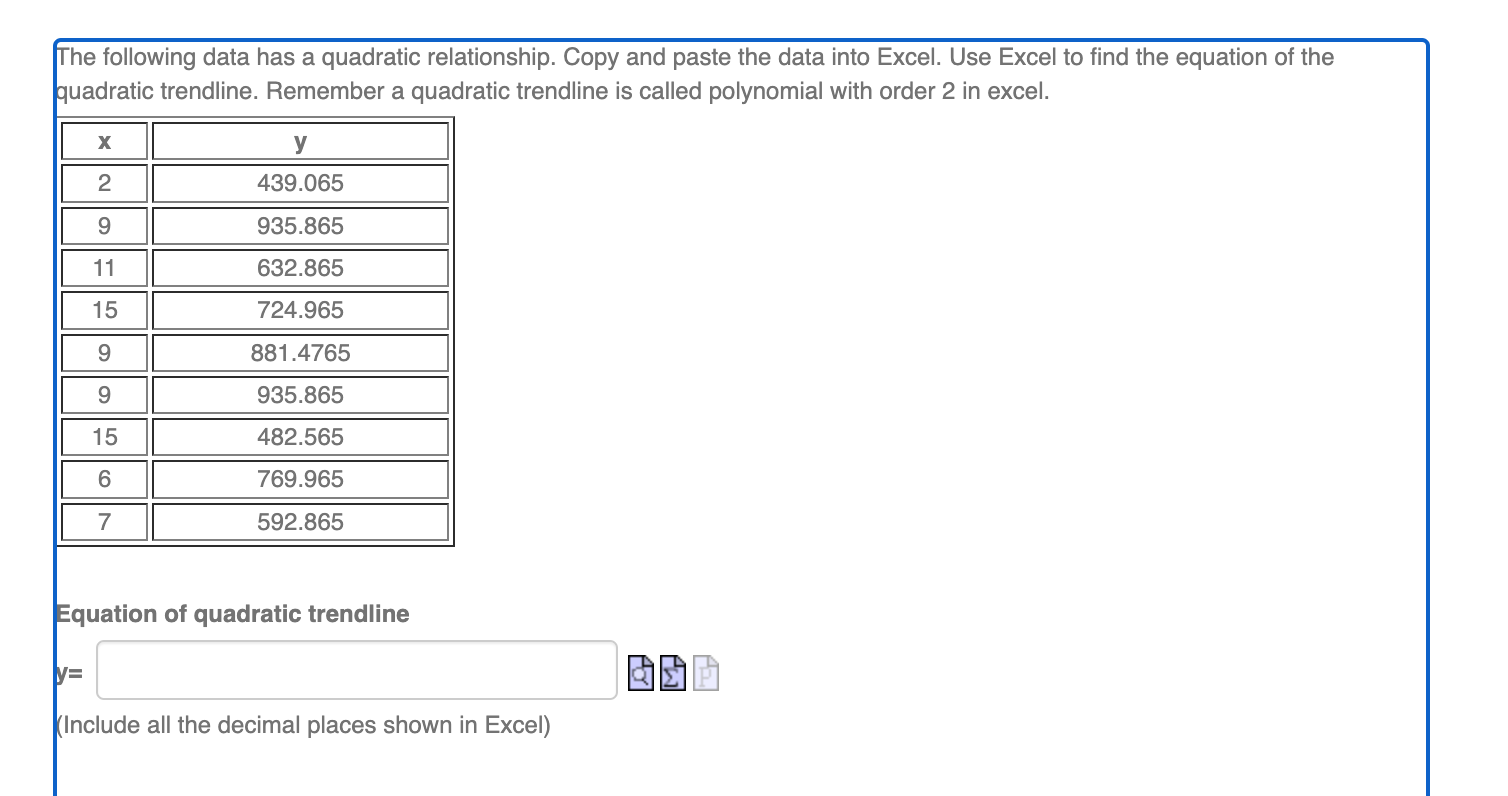 The following data has a quadratic relationship.