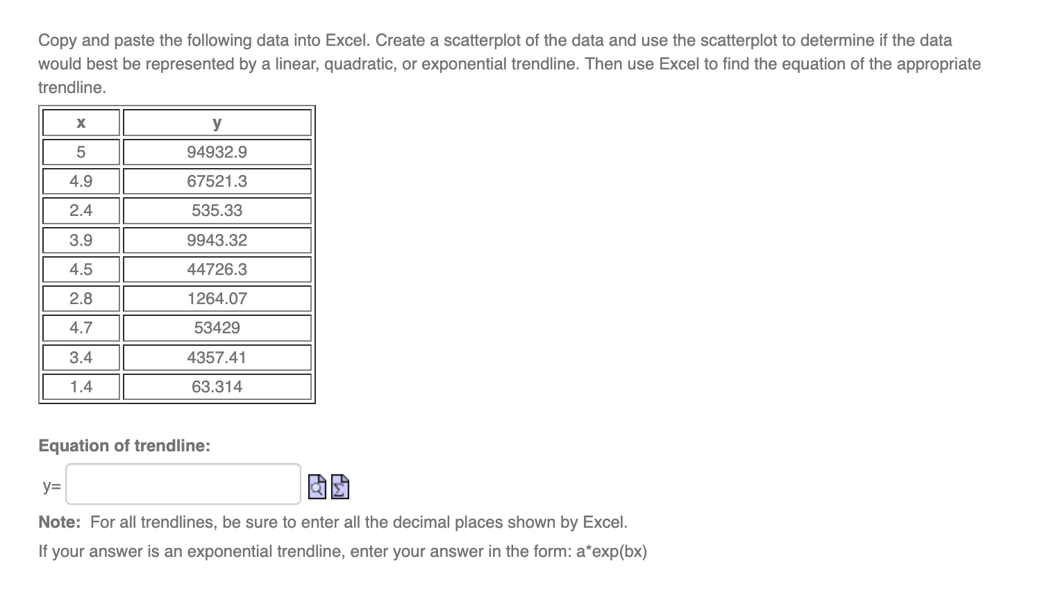 The following data has a quadratic relationship.