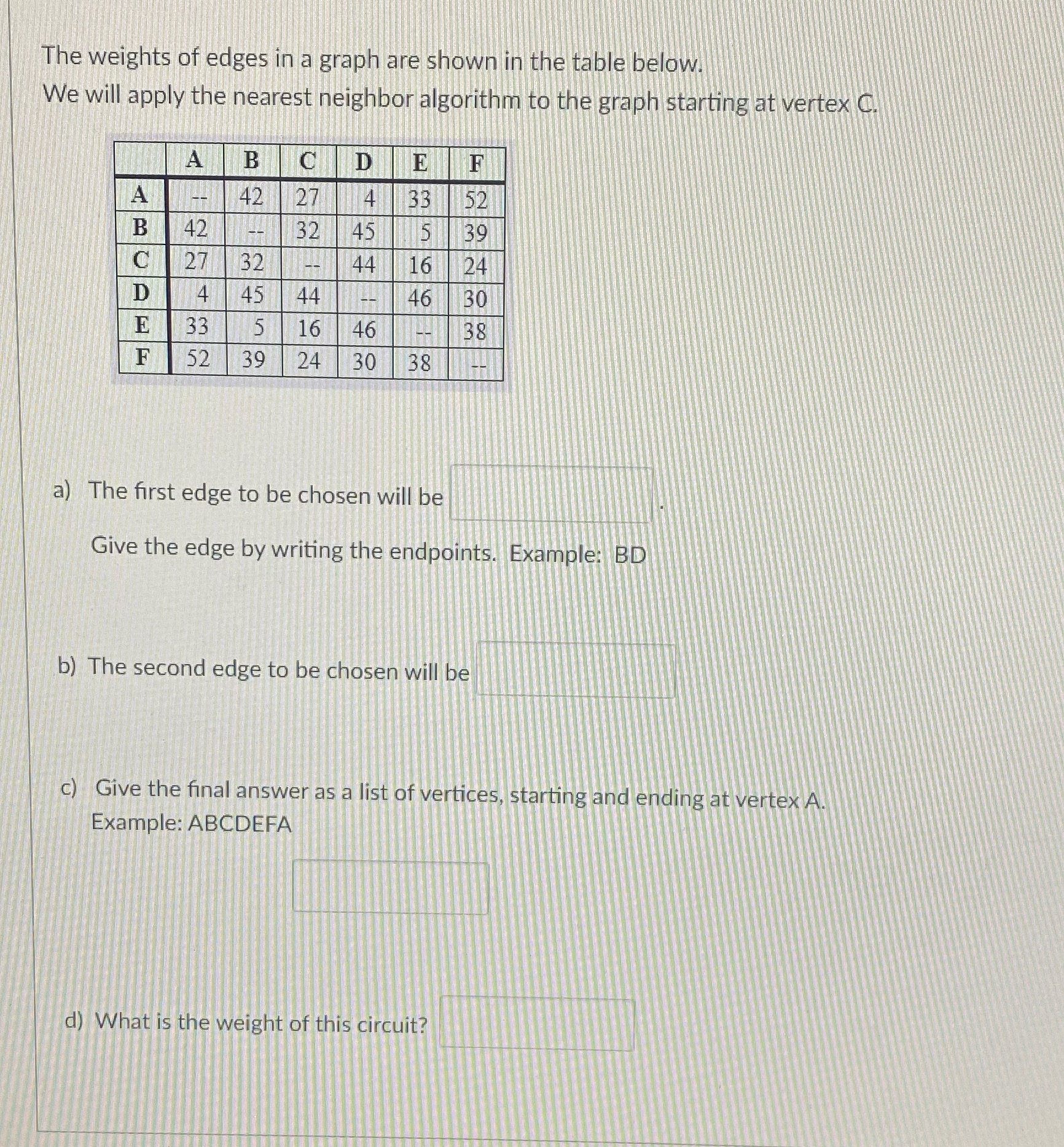 The weights of edges in a graph are shown in the
