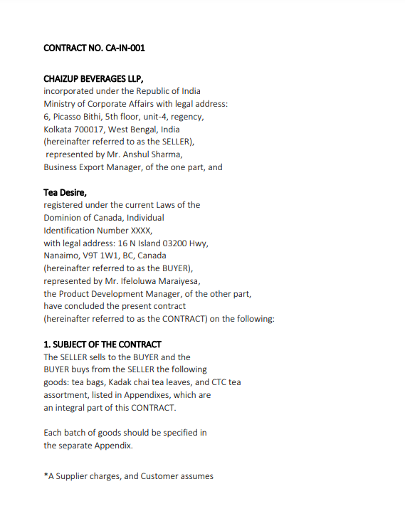 CONTRACT NO. CA-IN-001 CHAIZUP BEVERAGES LLP,
