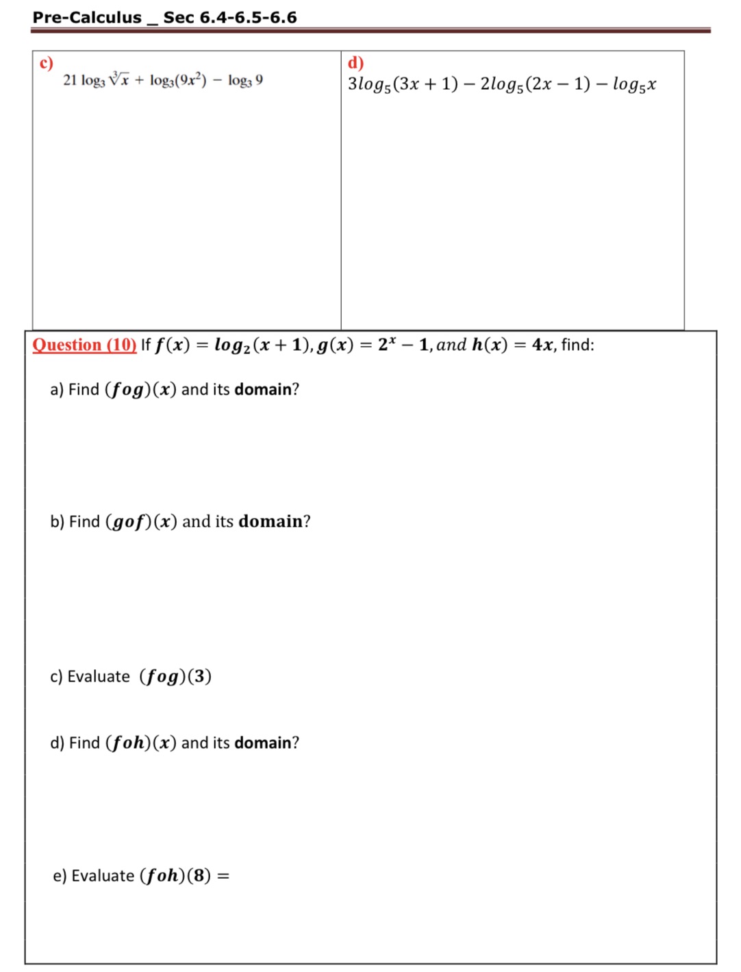 Pre-Calculus _ Sec 6.4-6.5-6.6 C) d) 21 log; Vx +