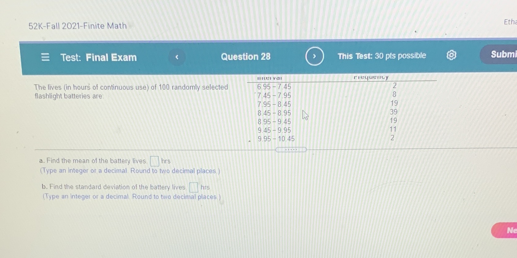 52K-Fall 2021-Finite Math Eth = Test: Final Exam