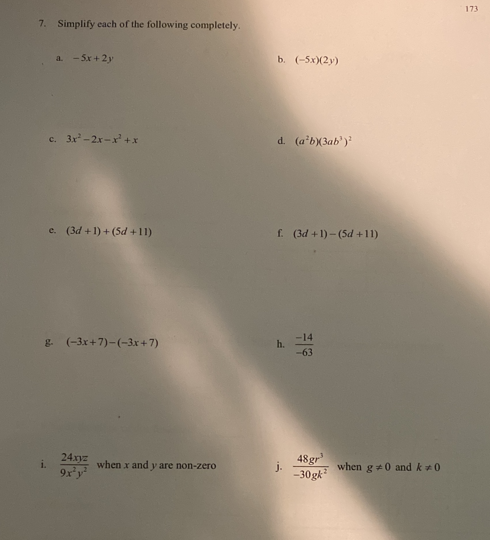 173 7. Simplify each of the following completely.