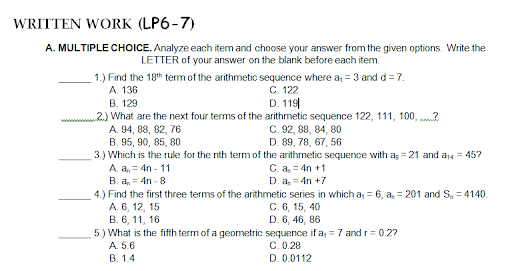 Kindly answer the image given below WRITTEN WORK (LP6-7) A. MULTIPLE CHOICE.