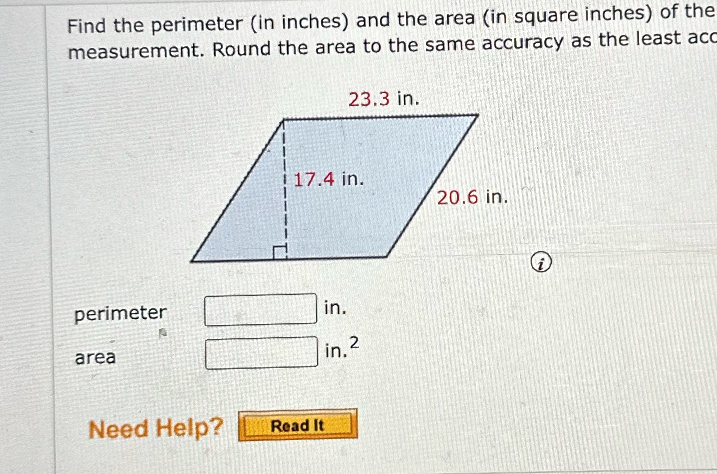 Find the perimeter (in inches) and the area (in