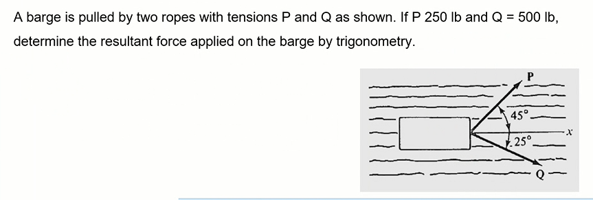 . A barge is pulled by two ropes with tensions P