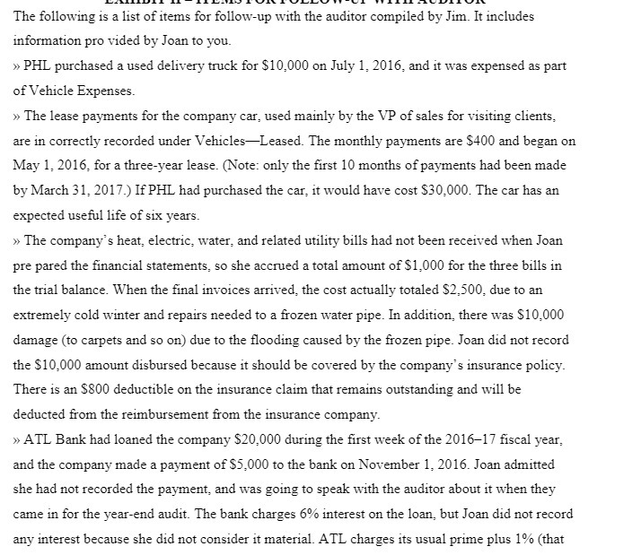 The following is a list of items for follow-up