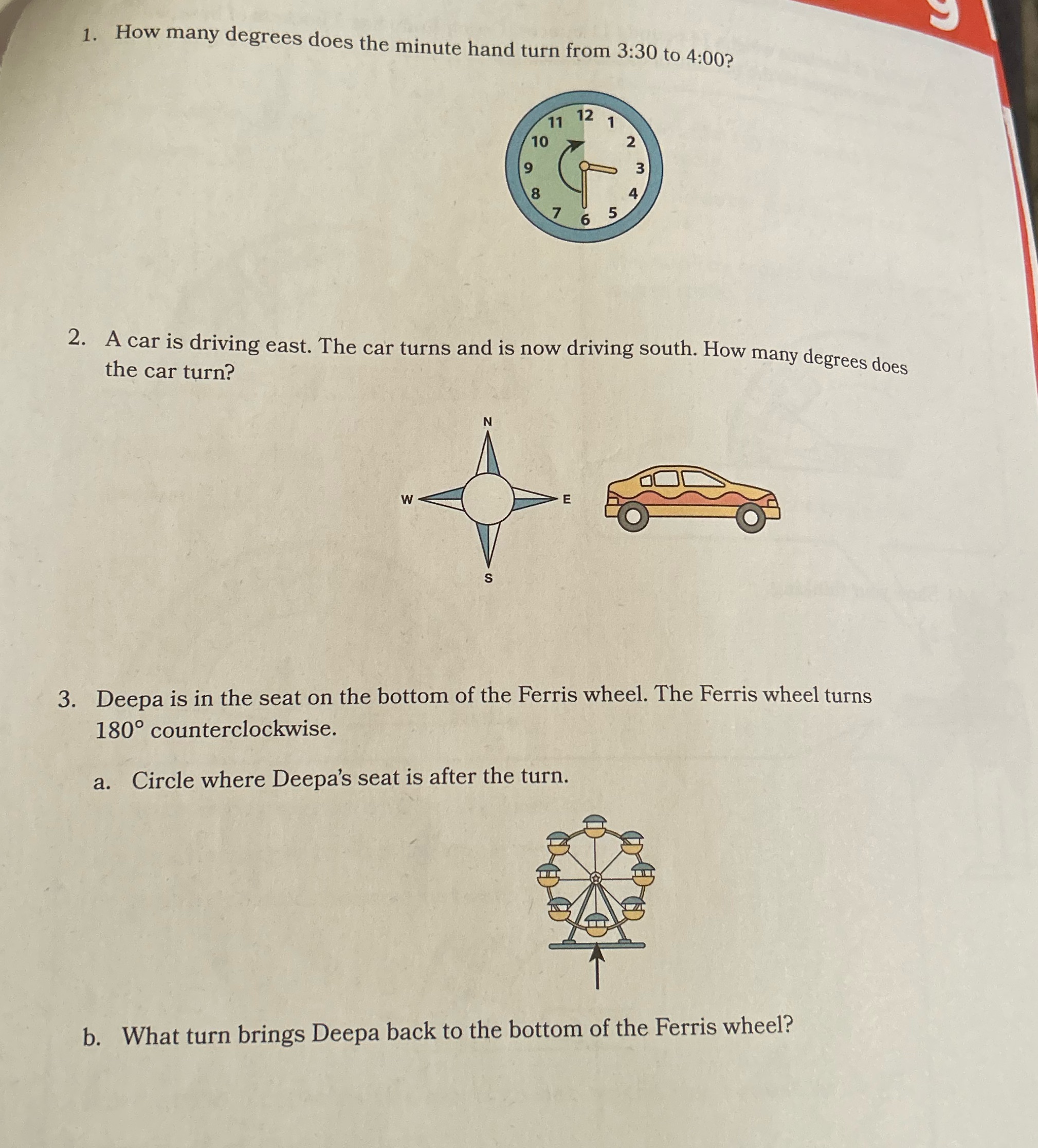 1. How many degrees does the minute hand turn