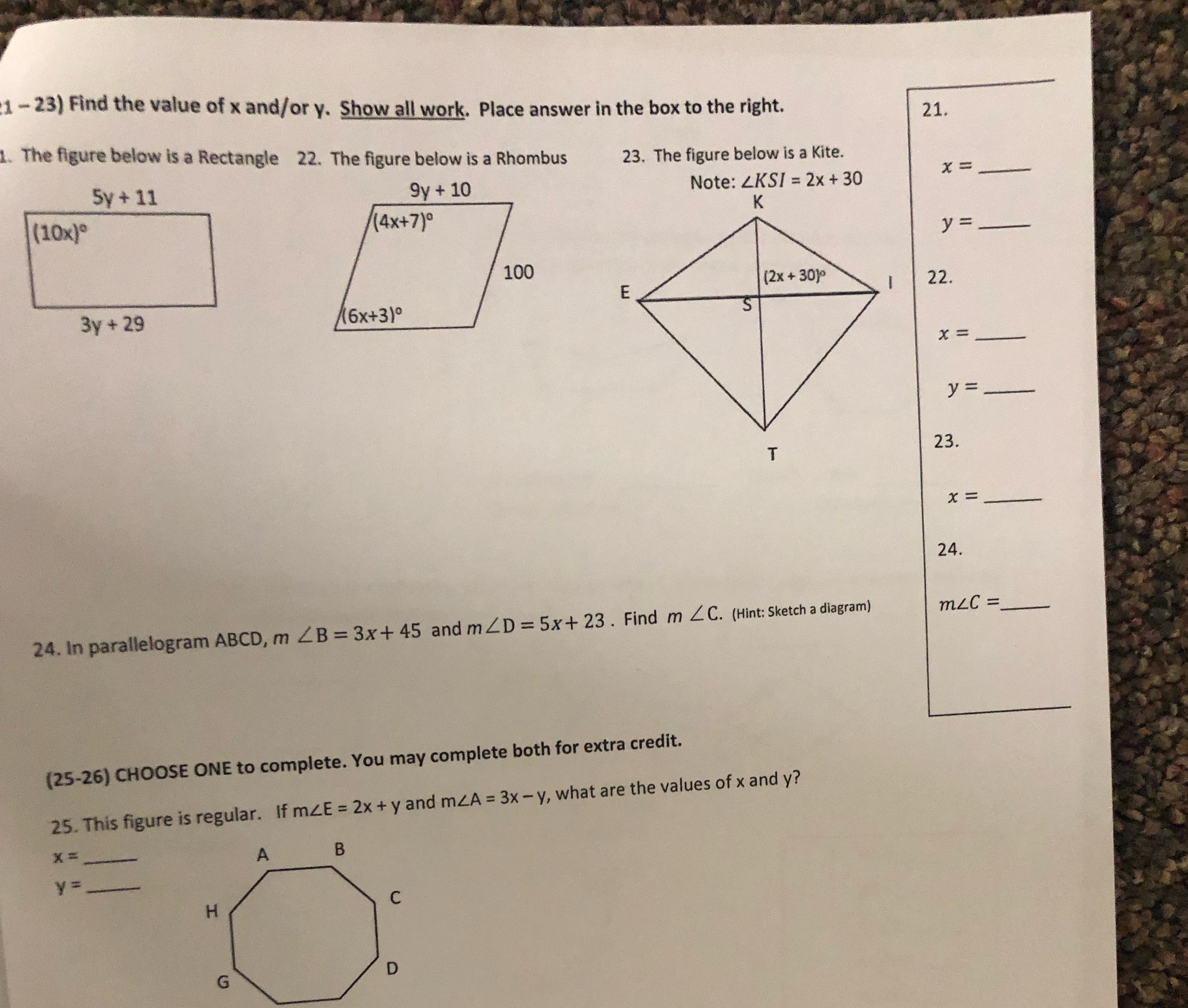 1 - 23) Find the value of x and/or y. Show all
