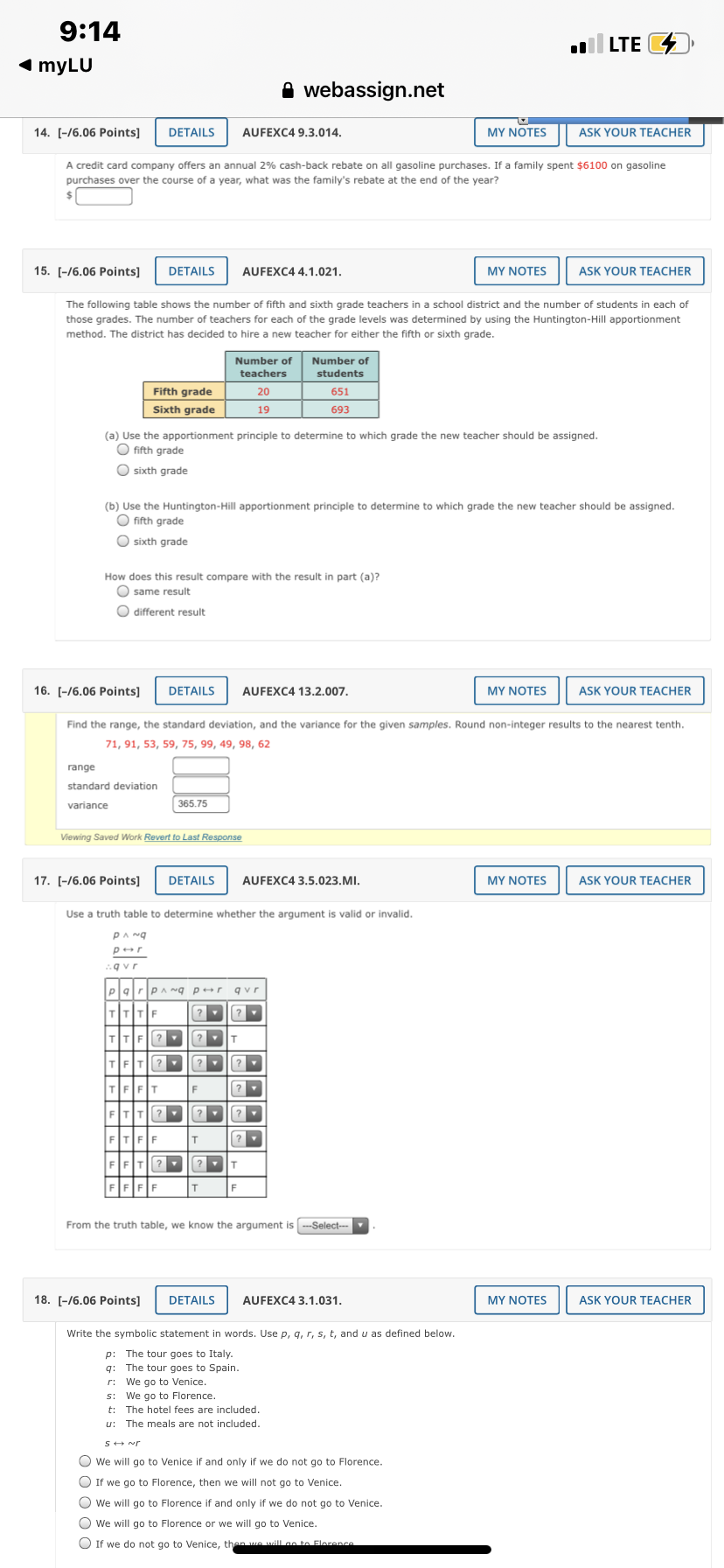 9:14 . LTE CZ myLU webassign.net 14. [-/6.06