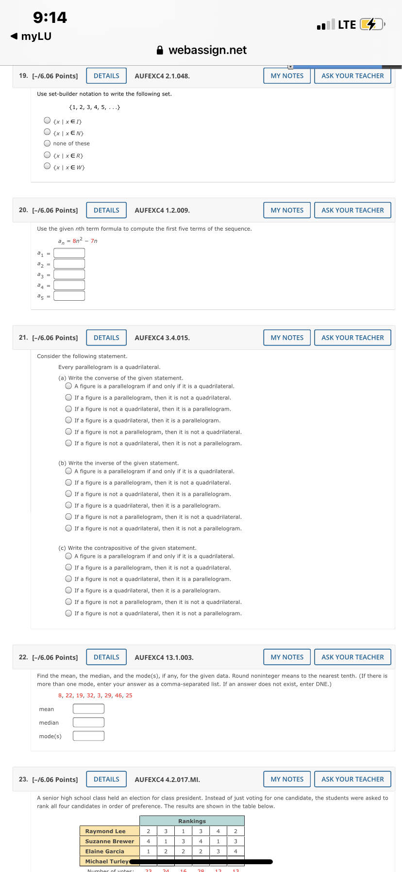 9:14 . LTE CZ myLU webassign.net 14. [-/6.06