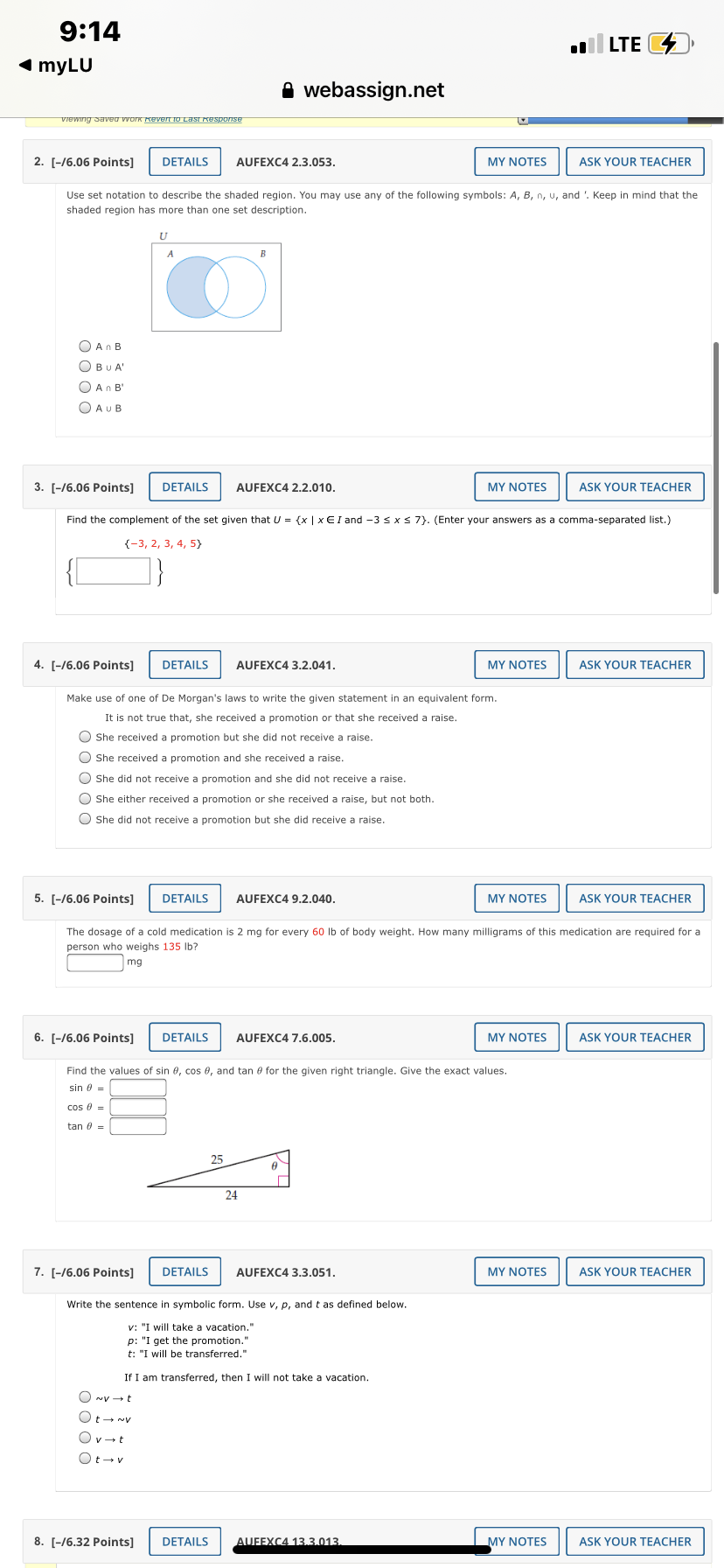 9:14 . LTE CZ myLU webassign.net 14. [-/6.06