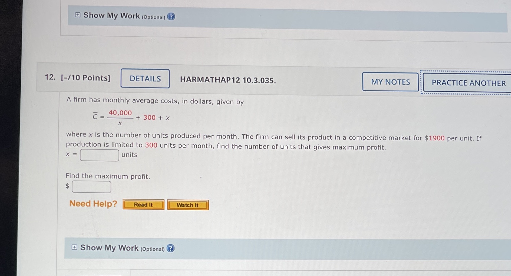 Show My Work (Optional) ? 12. [-/10 Points]