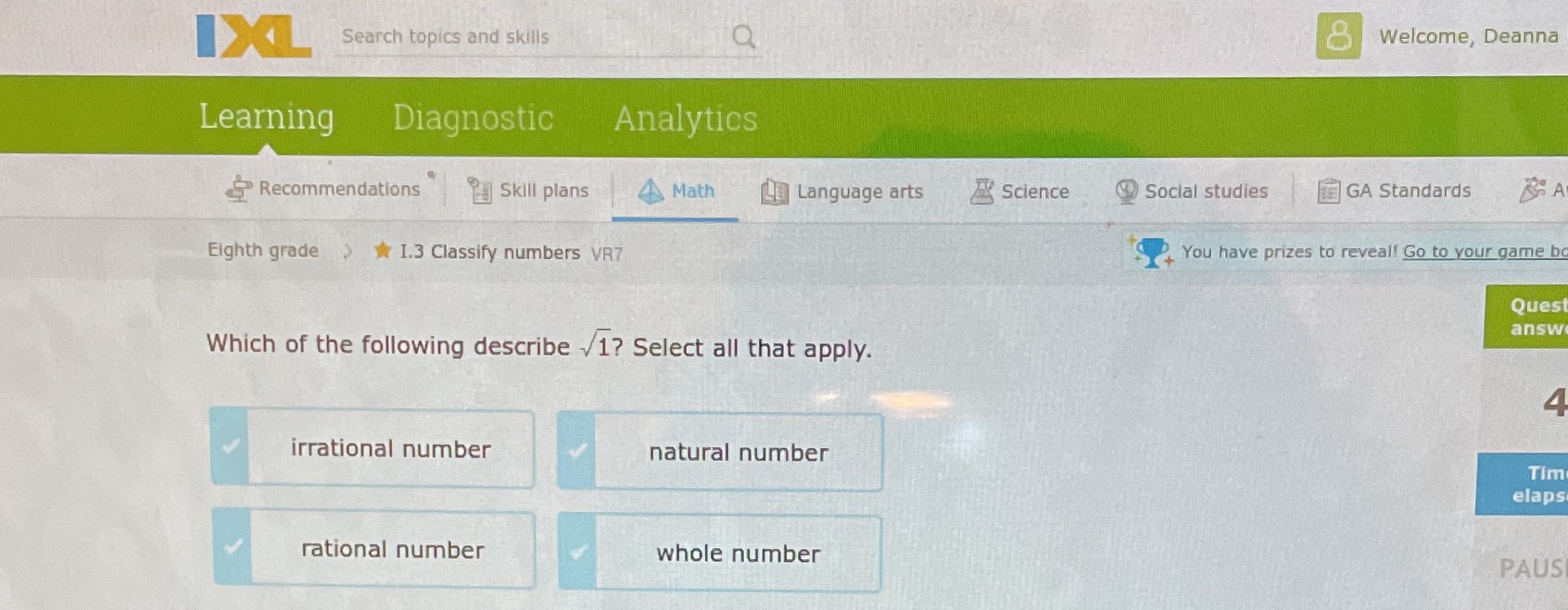 IXL Search topics and skills Q 8 Welcome, Deanna