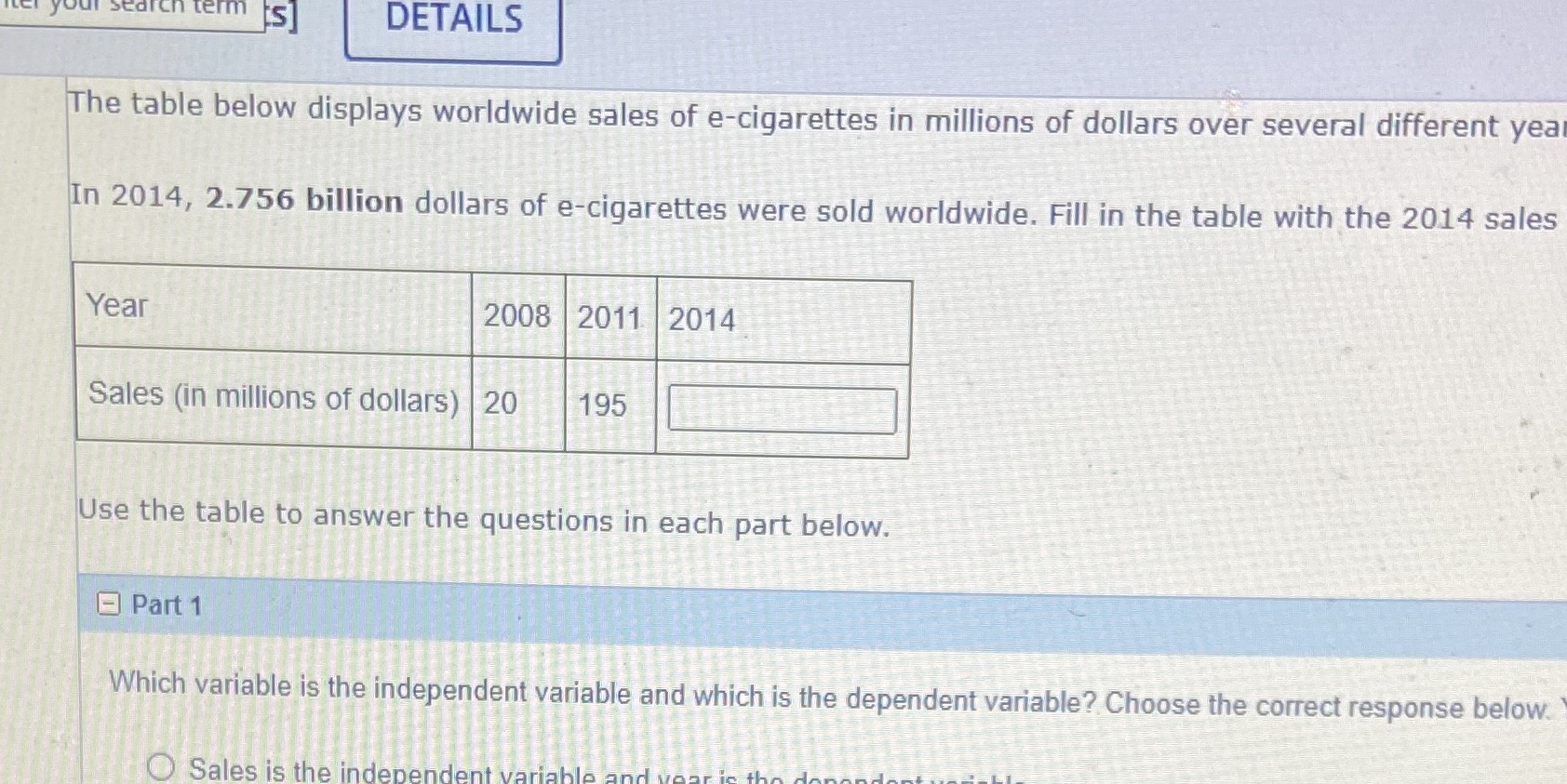 search term S] DETAILS The table below displays